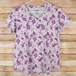 Duluth Trading Co Womens S Small Purple Floral Vneck Tee Tshirt Top Short Sleeve